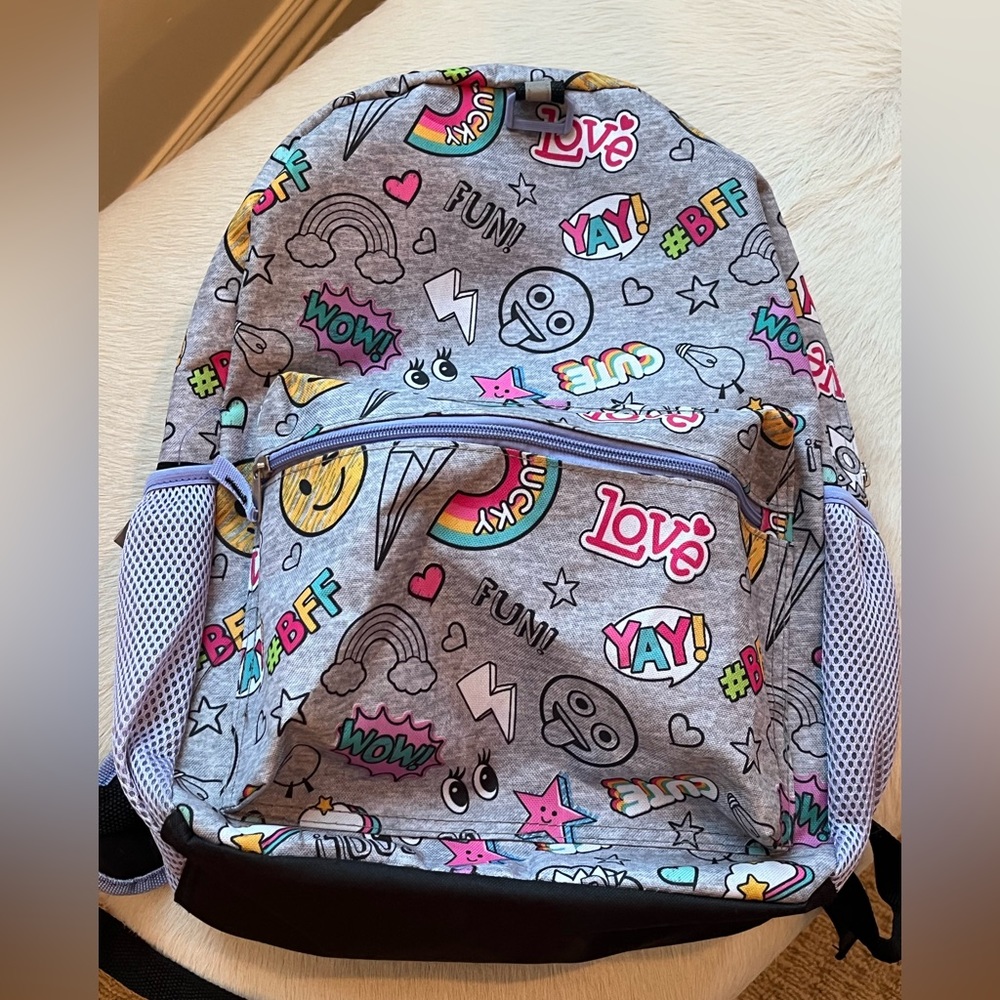 Emoji Jersey Doodle Backpack 16” X 12" Zip Compartments Smiley Face